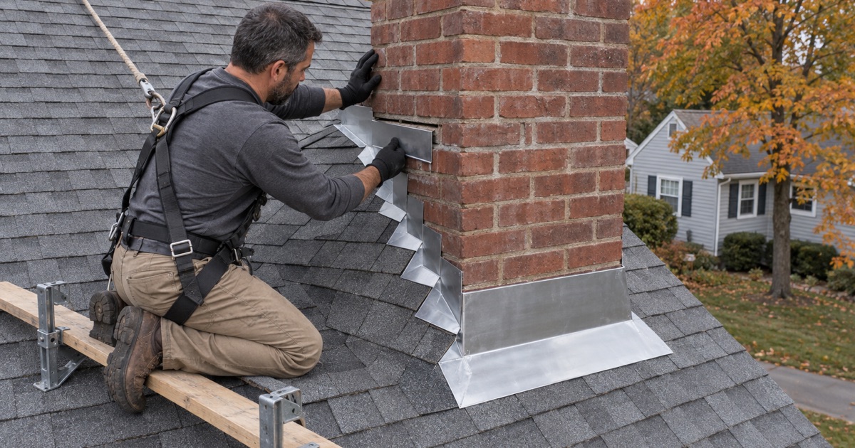 A roofer setting new counter flashing into a mortar joint on a brick chimney of a Piscataway Township cape.
