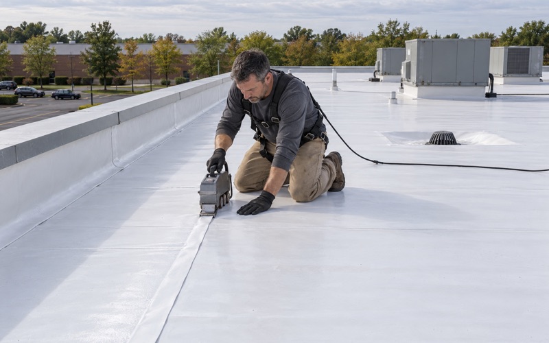 A roofer welding a seam in the white membrane of a flat warehouse roof in Piscataway Township.