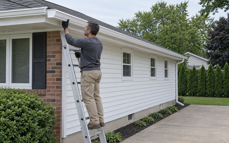 A roofer lifting a new seamless gutter onto its hidden hangers along the eave of a Piscataway Township ranch.