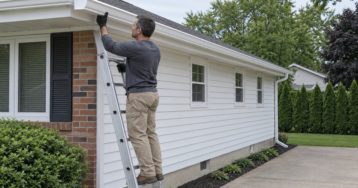A roofer lifting a new seamless gutter onto its hidden hangers along the eave of a Piscataway Township ranch.