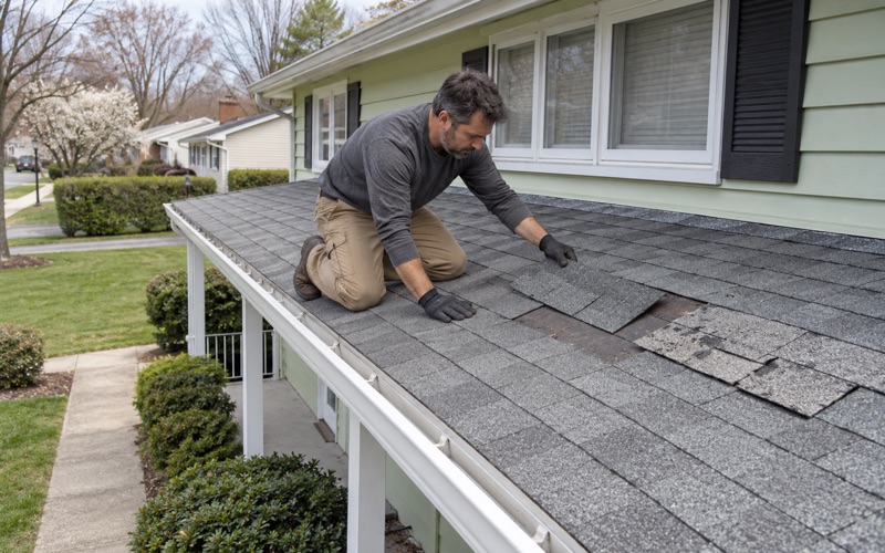 A roofer replacing cracked shingles on the low front porch roof of a Piscataway Township ranch.