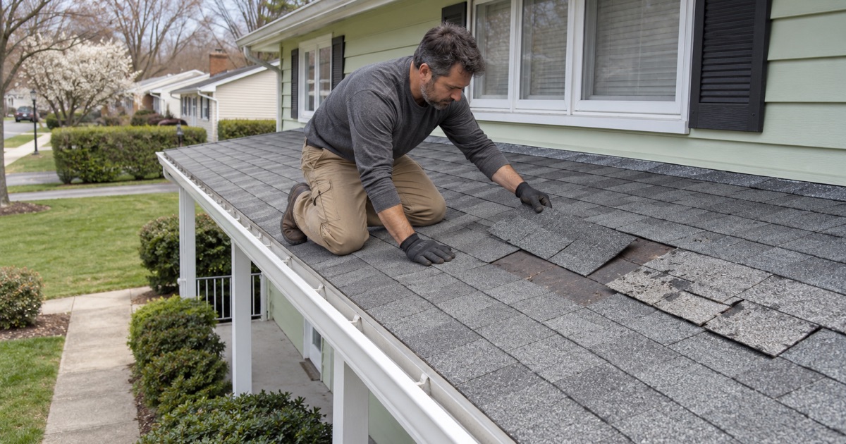 A roofer replacing cracked shingles on the low front porch roof of a Piscataway Township ranch.