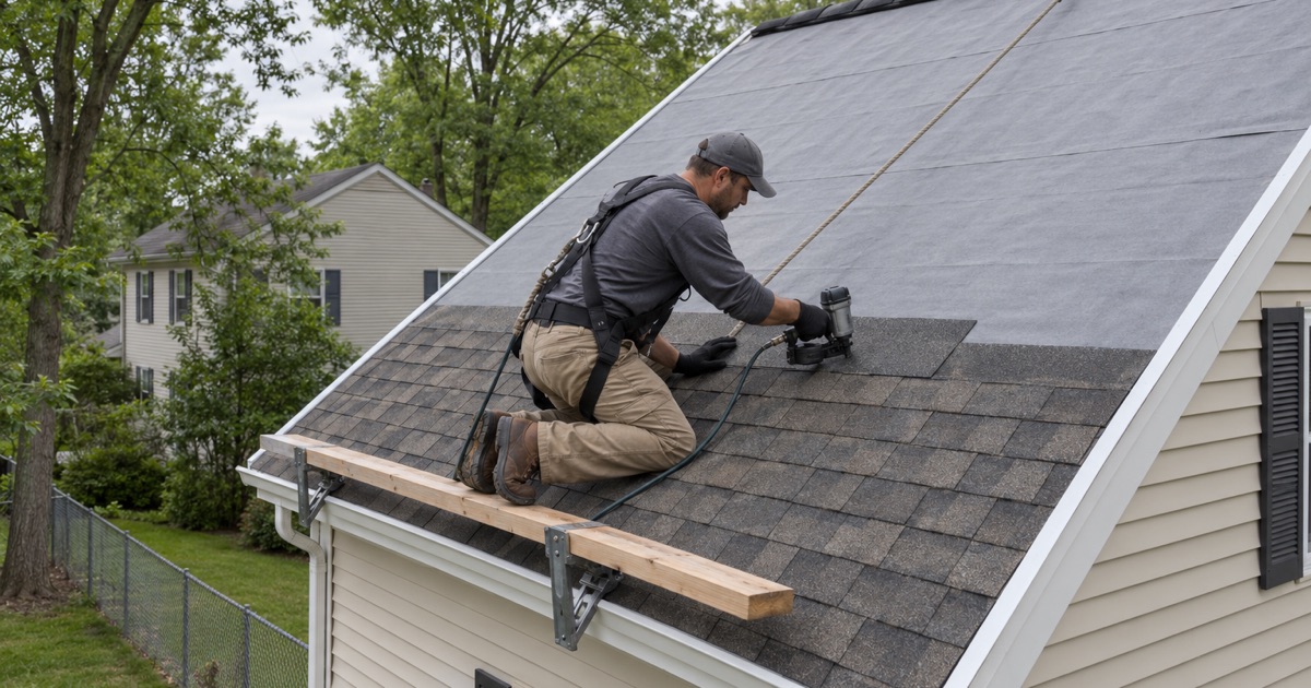 A roofer nailing new architectural shingles during a full roof replacement on a Piscataway Township colonial.
