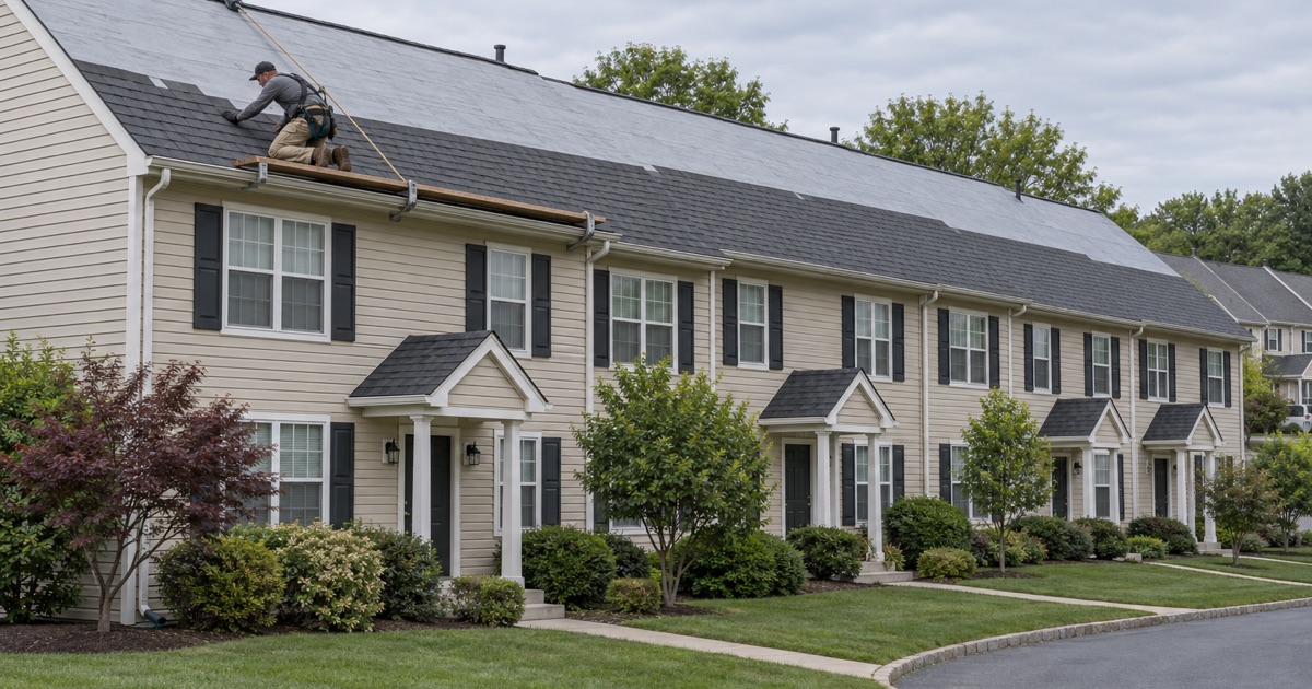 A roofer laying new shingles across a 1990s townhouse row in Berkeley Heights, the whole building re-roofed at once.