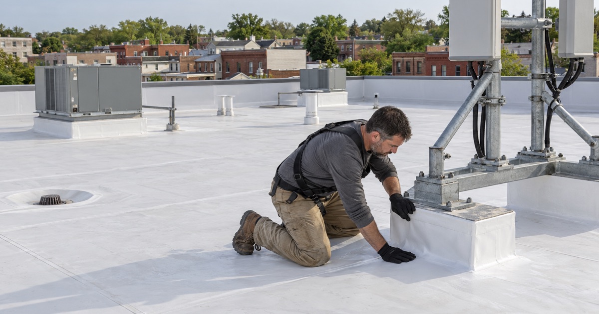 A roofer flashing a rooftop antenna frame into the flat roof of a new downtown Bound Brook apartment building.