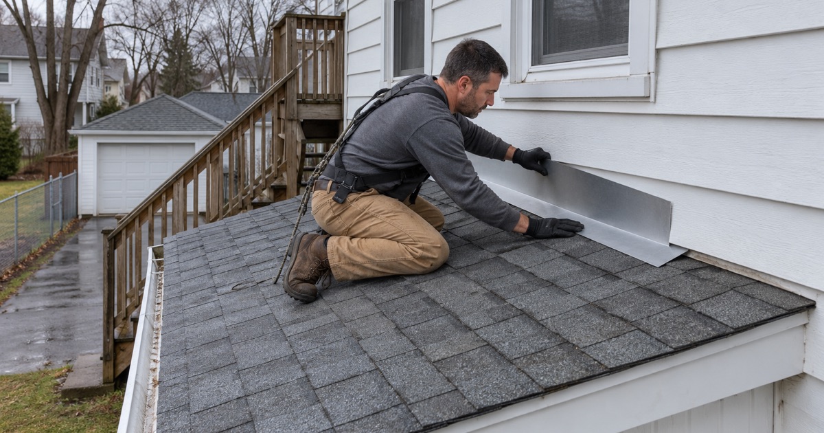 A roofer re-flashing the rear porch roof of a two-family rental house in Clark.