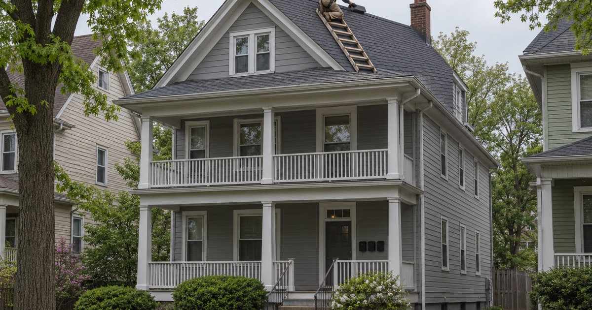 A roofer capping the ridge of a new roof on a small prewar three-family rental house in Highland Park.