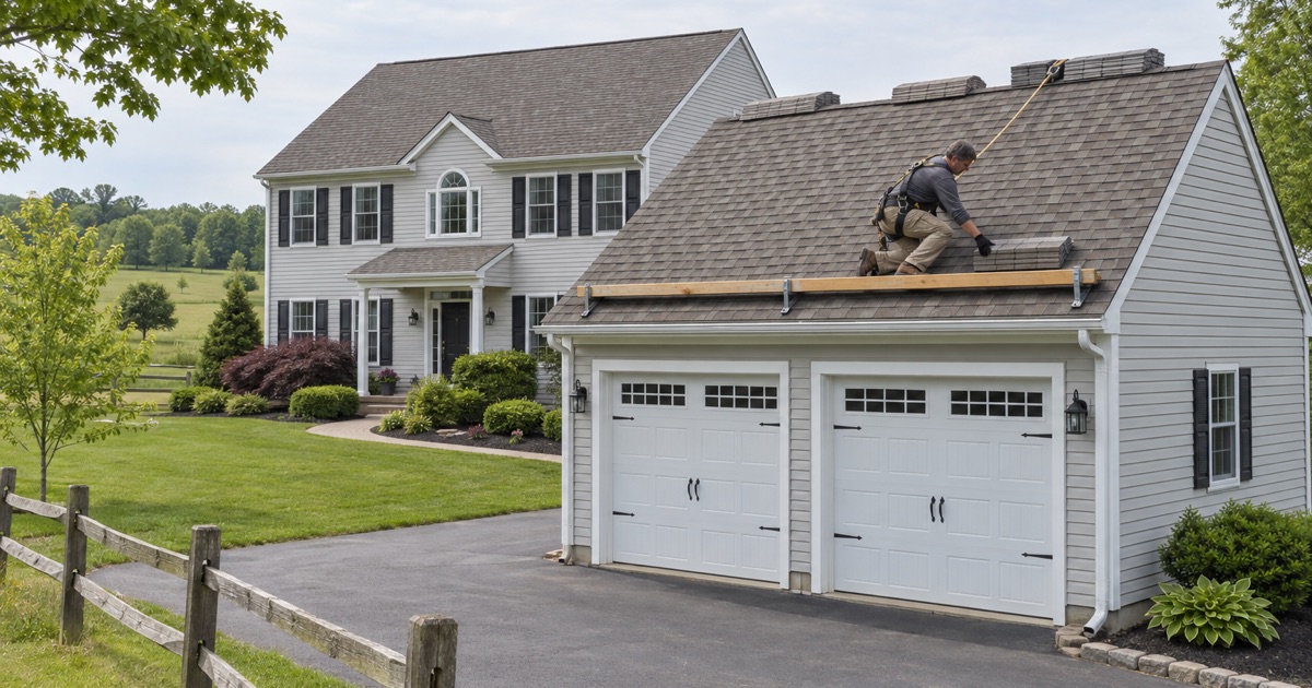 New shingles on a newer detached house and garage in Hopewell Township
