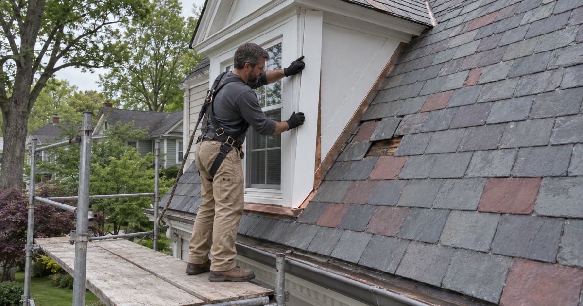 Refitting dormer trim on a patterned slate roof face of an older Madison house