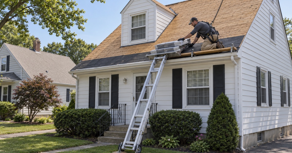 Shingle bundles riding a ladder hoist to the roof of a Manville cape, a low setup with no crane.