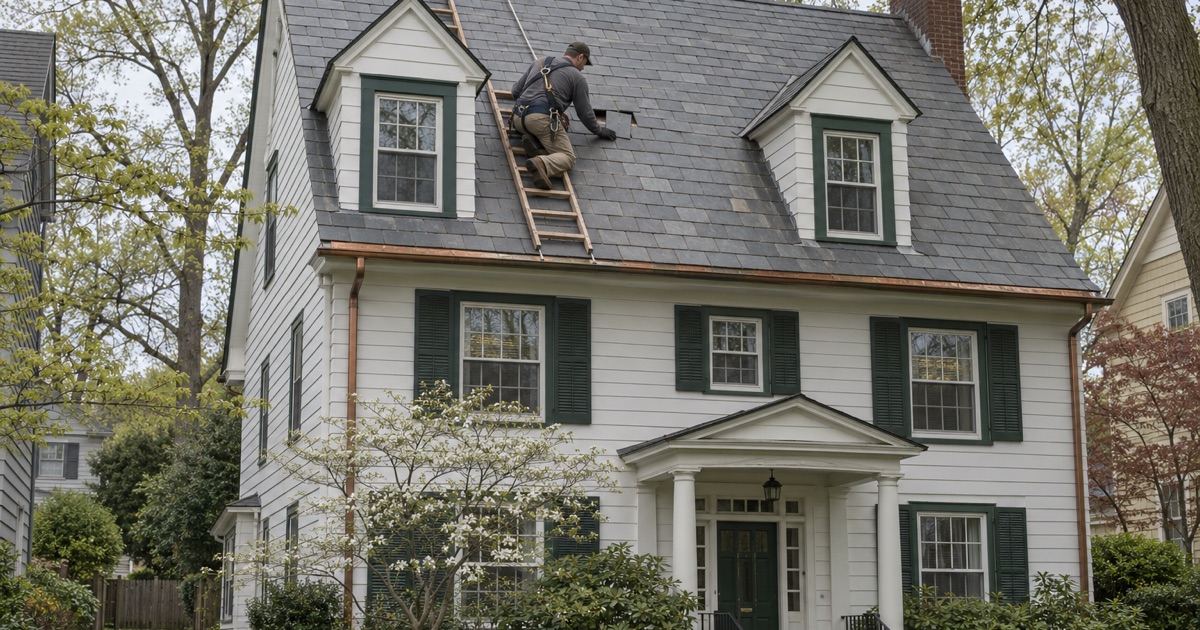 A roofer sliding a replacement slate into the roof of a Colonial Revival house in Metuchen on a weekday morning.
