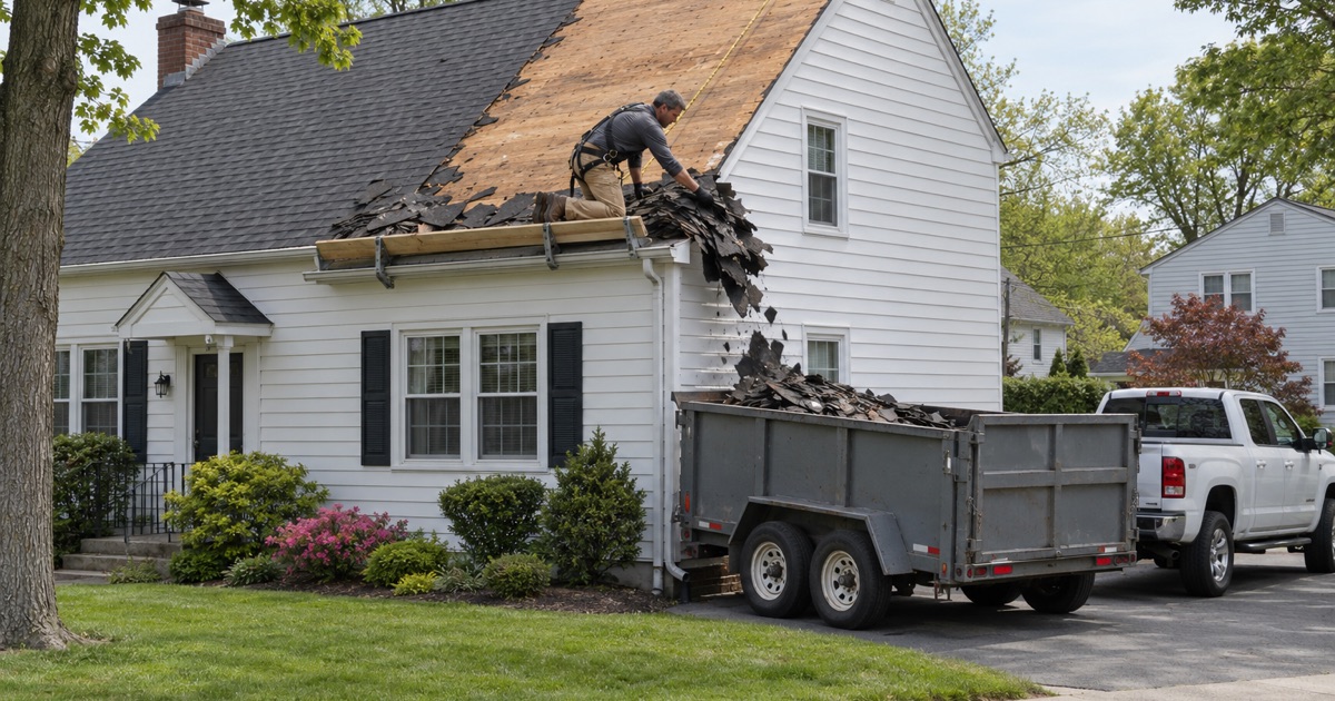 Tear-off shingles going straight into the roofer’s own dump trailer on a Middlesex driveway, nothing left at the curb.