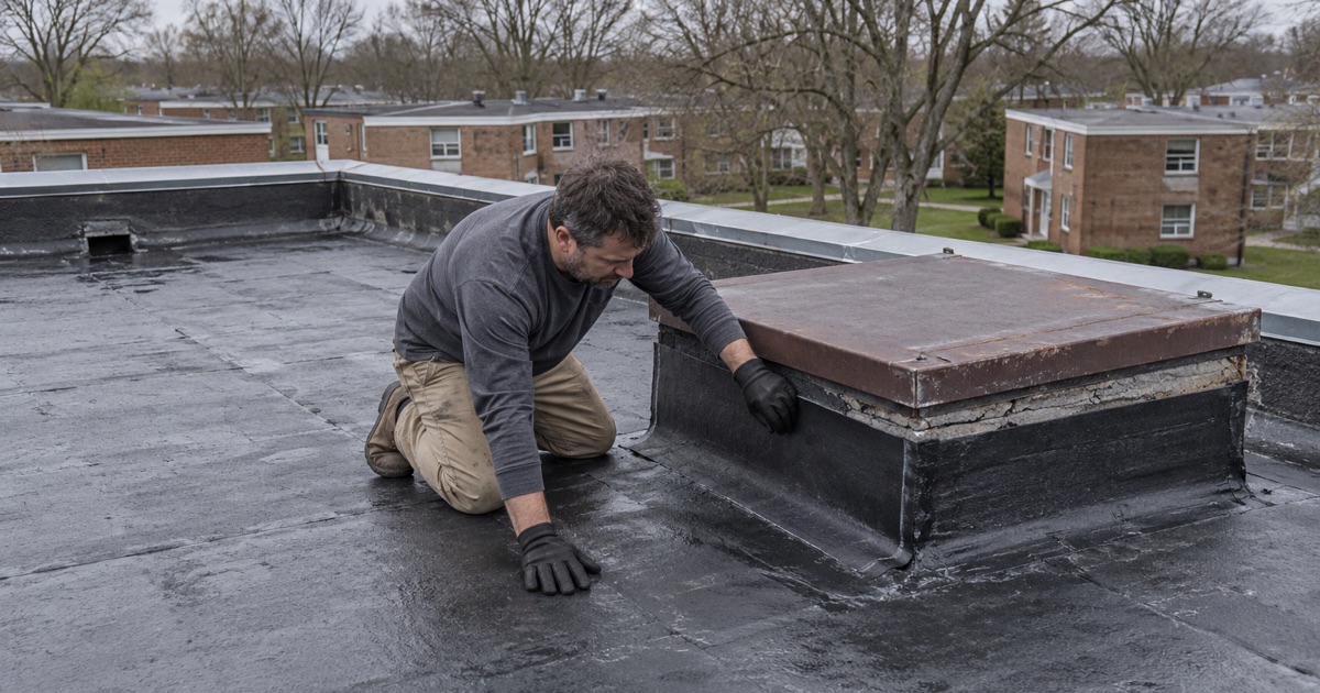 Flashing the roof hatch on a flat-roofed garden apartment building in New Providence