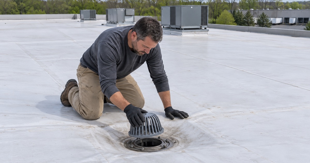 Low-slope membrane roof work on a large commercial building in Readington