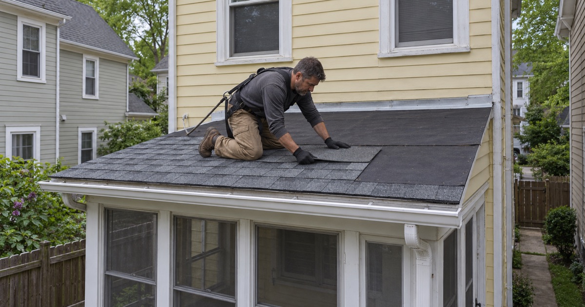A roofer re-roofing the low rear porch of an older frame house on a residential block in Somerville.