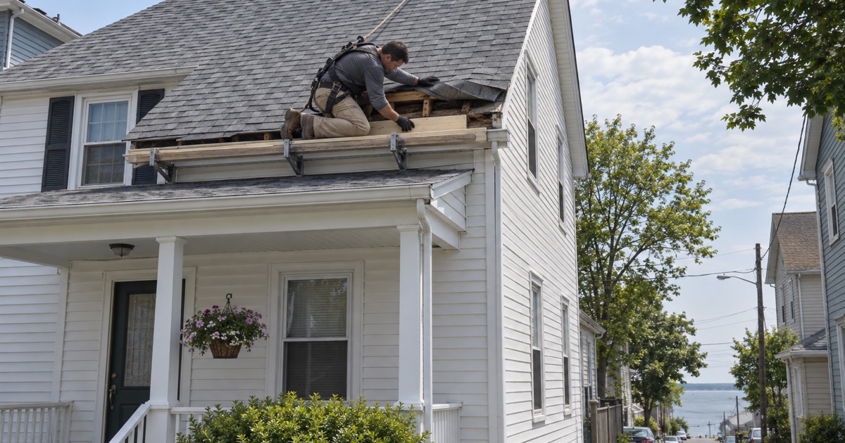 A roofer replacing a rotted eave board under the leaking roof of an older owner-occupied house in South Amboy.