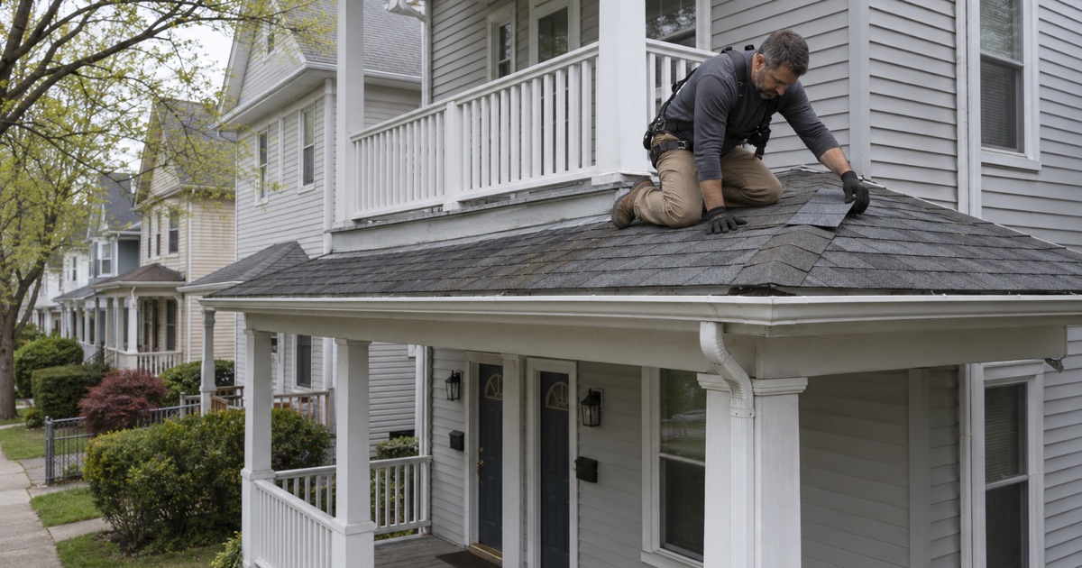 Porch roof repair on a rented two-family house in South Orange