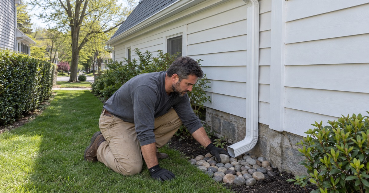 Setting river stone at a downspout outlet that drains away from the neighbor’s lot in Verona