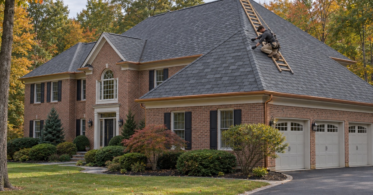 A roofer laying thick designer shingles along a hip on a large Warren Township house.