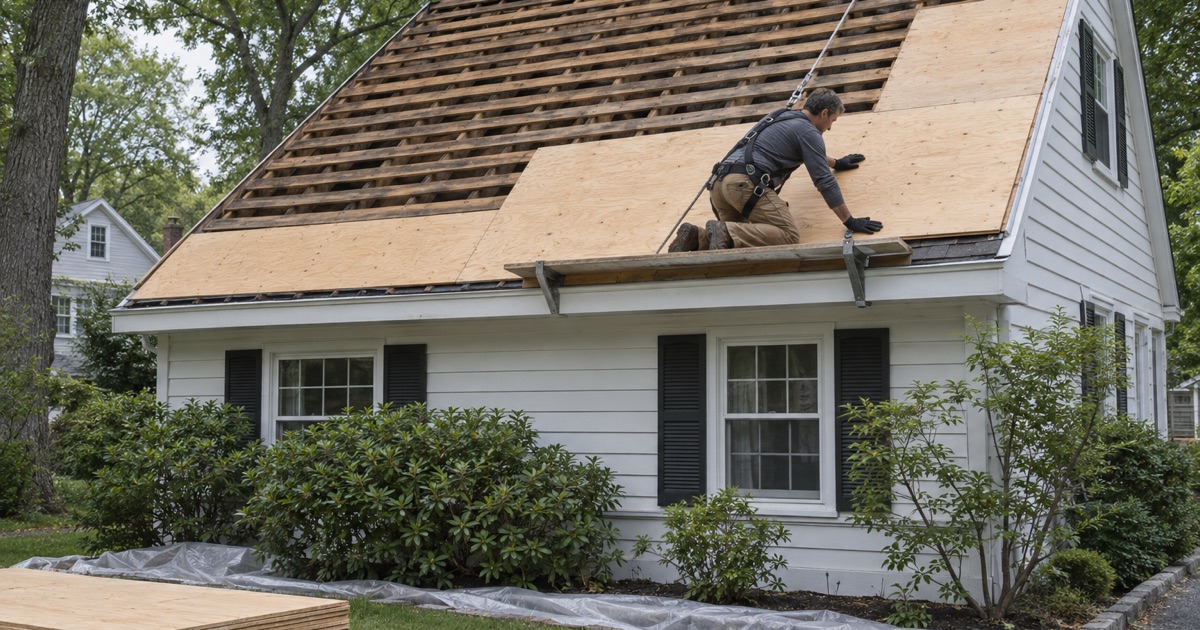 Re-decking an older West Caldwell house with painted trim protected below