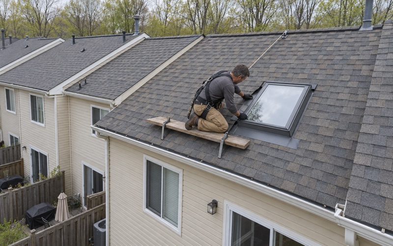 A roofer flashing a new skylight into the rear roof of a Piscataway Township townhouse.