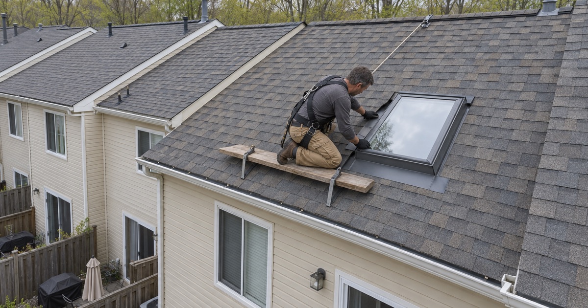 A roofer flashing a new skylight into the rear roof of a Piscataway Township townhouse.