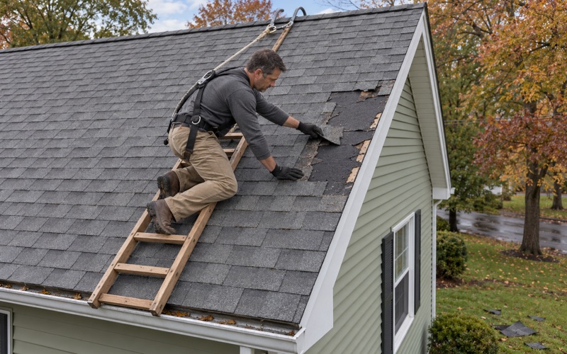 A roofer clearing torn shingles where wind stripped a patch off the roof of a Piscataway Township colonial.